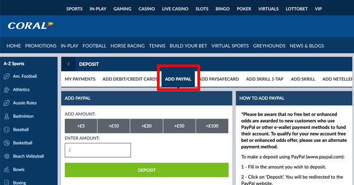 Add PayPal to Coral bookmaker